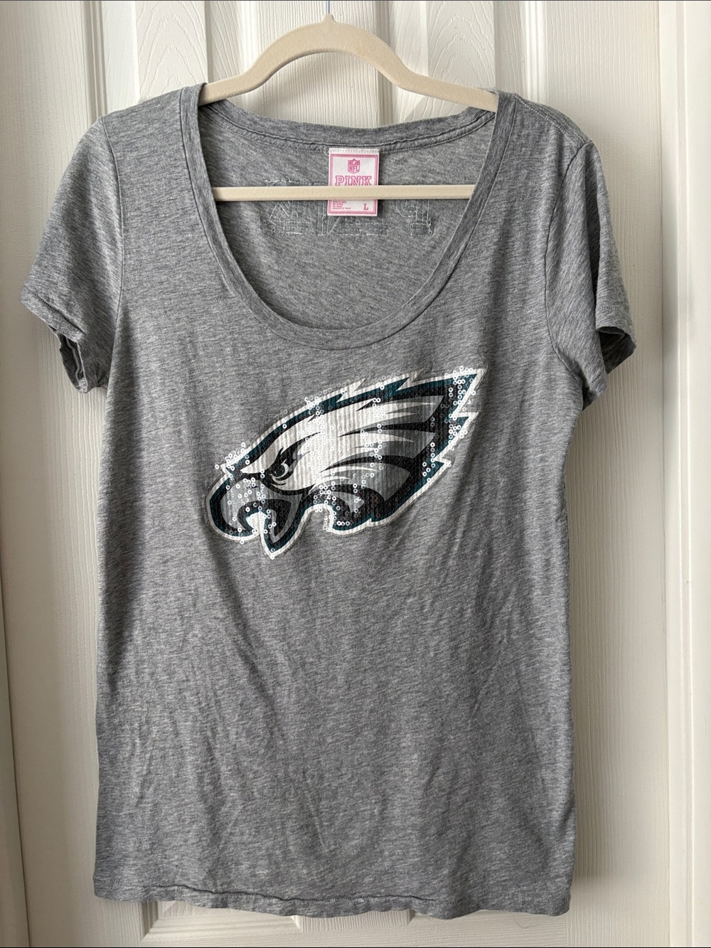 PINK Victoria's Secret NFL Gray sequin Philadelphia Eagles Logo Scoop top Large